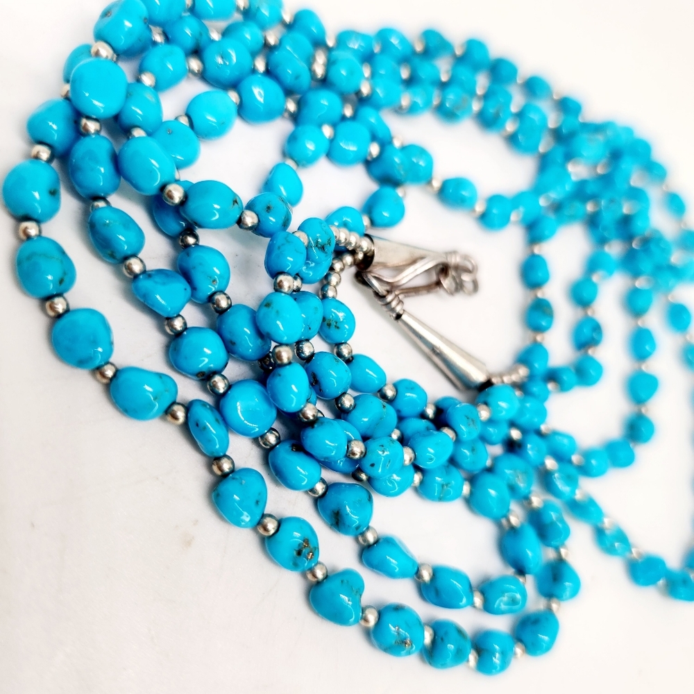 Sleeping Beauty Turquoise 925 Sterling Silver Nugget Bead Necklace & Earring Set - Picture 9 of 13
